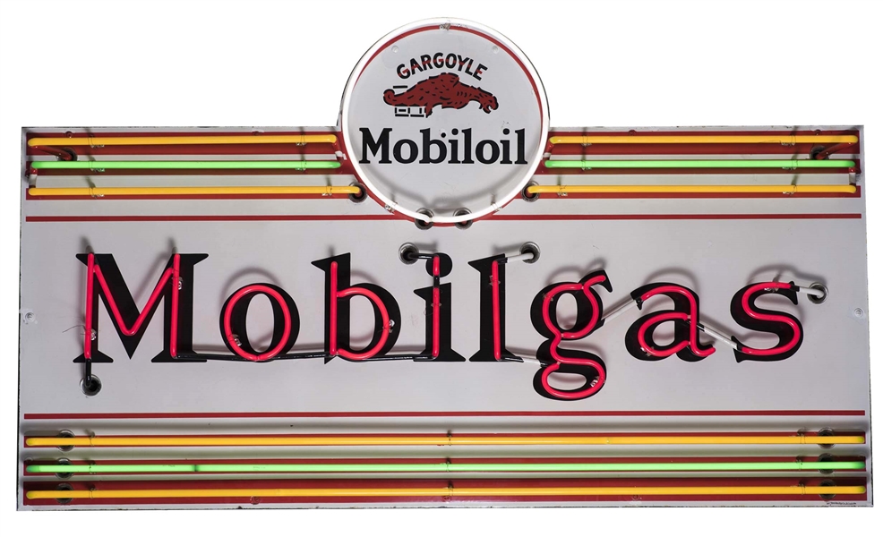 MOBILGAS W/ GARGOYLE GRAPHIC & LINES PORCELAIN SIGN W/ ADDED NEON. 