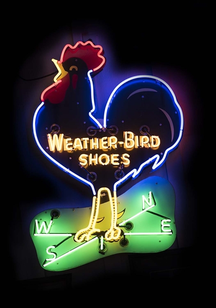 LARGE WEATHER-BIRD SHOES W/ ROOSTER GRAPHIC PORCELAIN DIE-CUT NEON SIGN. 