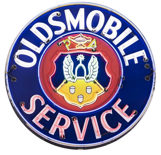 OLDSMOBILE SERVICE PORCELAIN SIGN W/ CREST GRAPHIC & ADDED NEON.