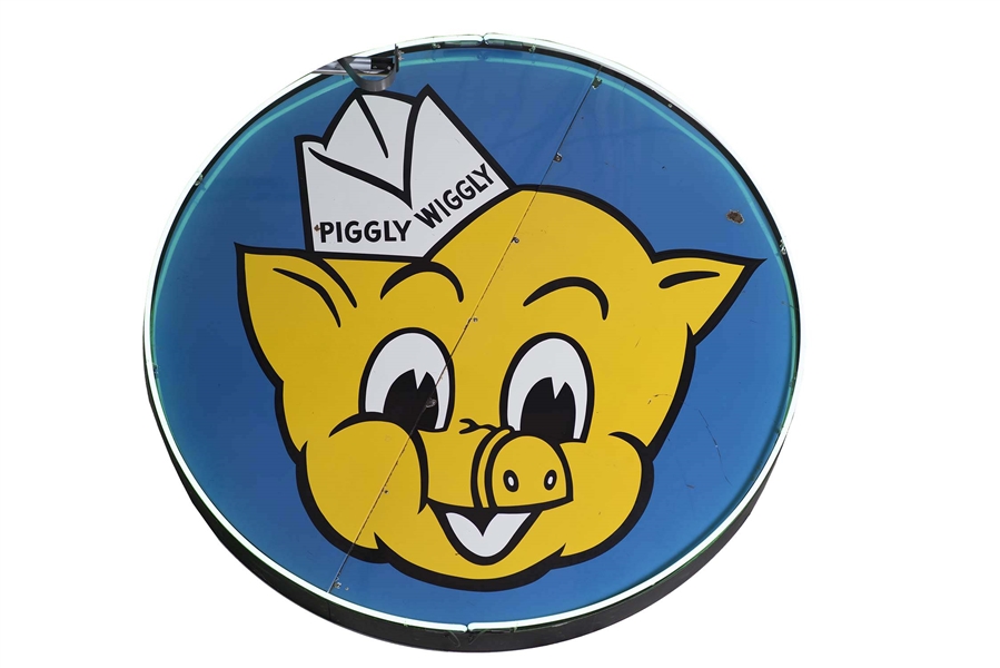 PIGGLY WIGGLY TWO PIECE PORCELAIN SIGN W/ NEON BORDER. 