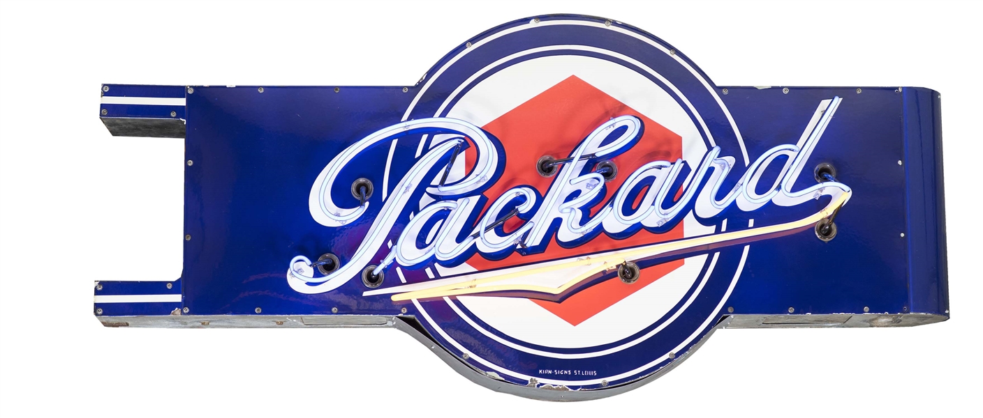 COMPLETE PACKARD PORCELAIN DIE-CUT NEON SIGN W/ HUB CAB GRAPHIC.