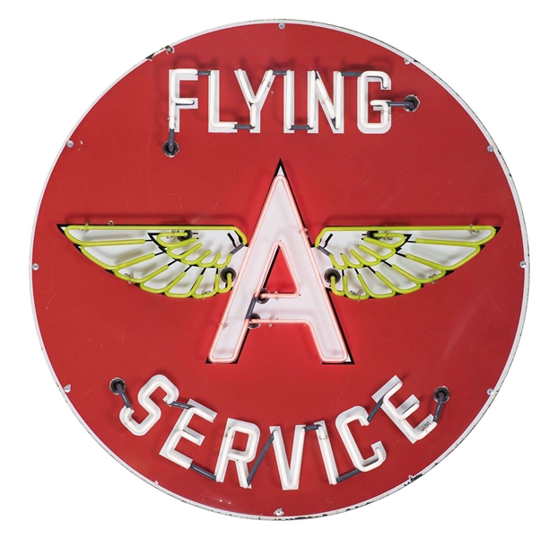 FLYING A GASOLINE SERVICE SIGN W/ ADDED NEON.