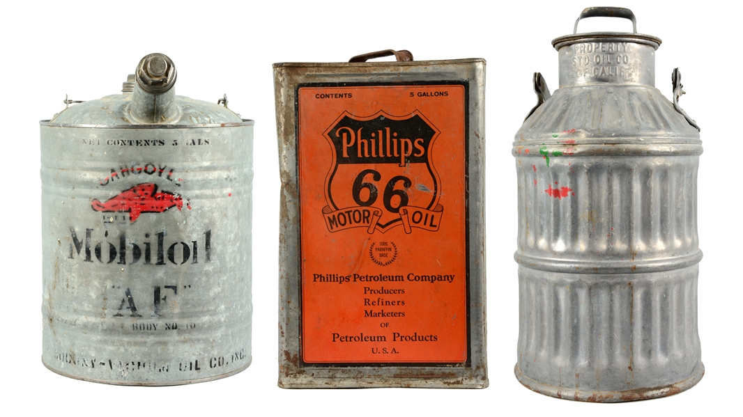 LOT OF 3: PHILLIPS 66 FIVE GALLON SQUARE CAN W/ OLDER SCRIPT & OIL CANS.