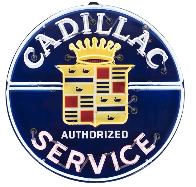 CADILLAC AUTHORIZED SERVICE PORCELAIN SIGN W/ ADDED NEON. 