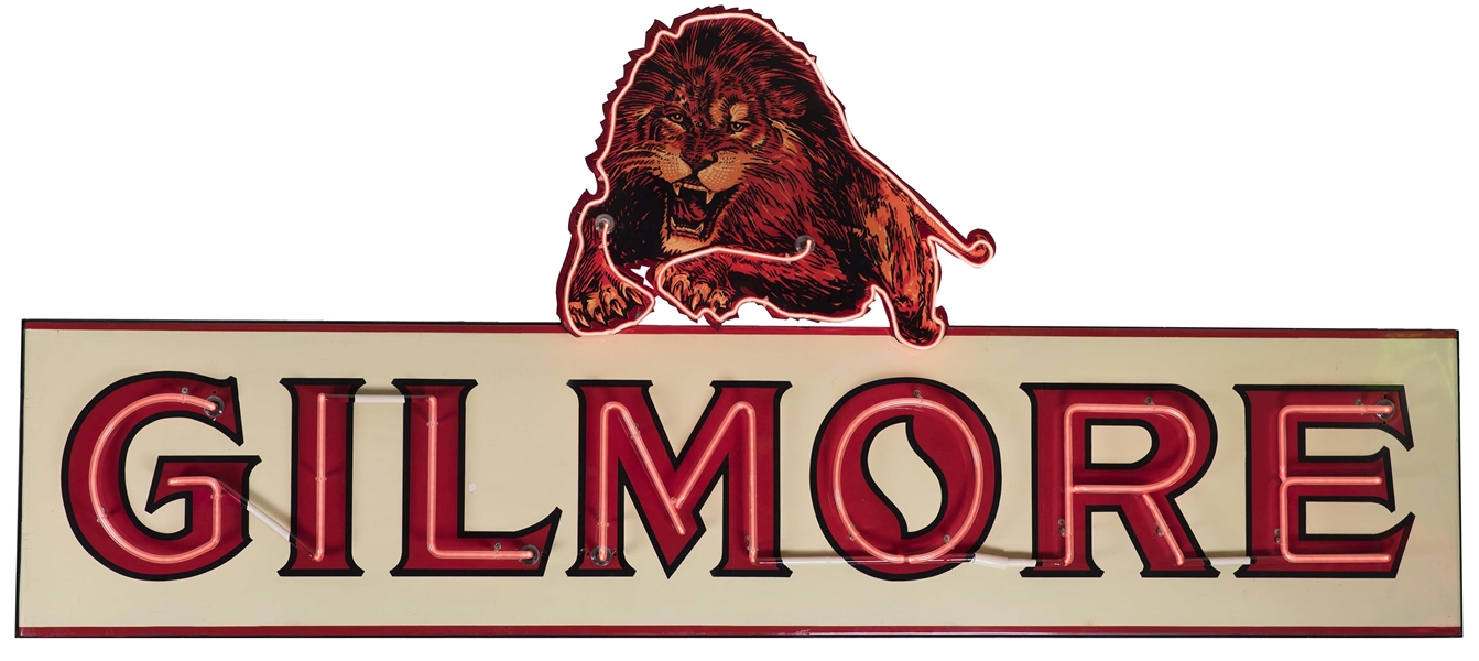ORIGINAL GILMORE PORCELAIN NEON SIGN W/ ADDED LION GRAPHIC ON TOP. 