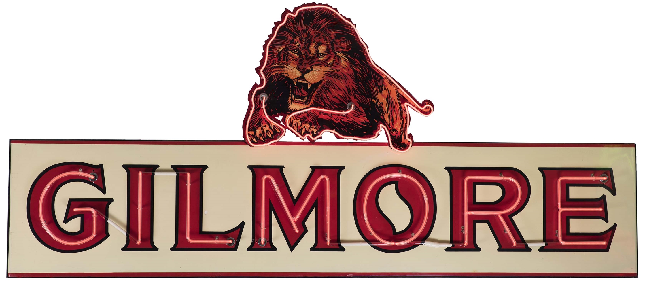 ORIGINAL GILMORE PORCELAIN NEON SIGN W/ ADDED LION GRAPHIC ON TOP. 