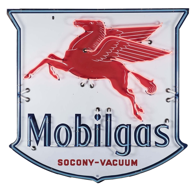 MOBILGAS SOCONY-VACUUM PORCELAIN SHIELD SIGN W/ PEGASUS GRAPHIC & ADDED NEON.