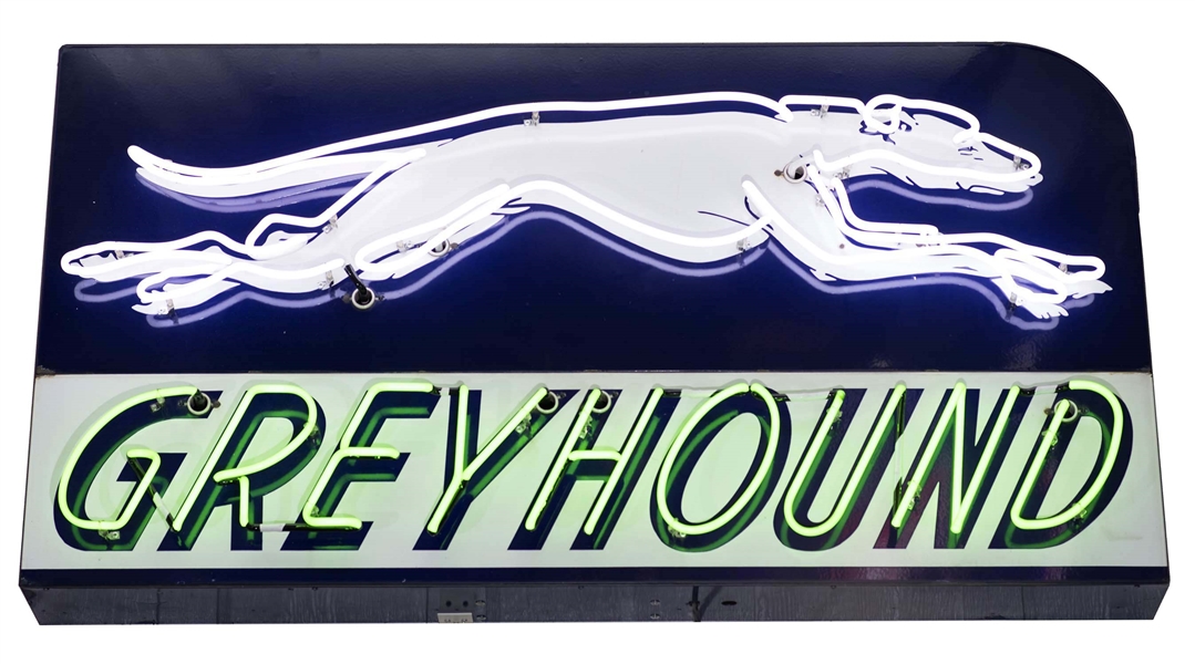 GREYHOUND W/ DOG GRAPHIC TWO PIECE PORCELAIN NEON SIGN. 