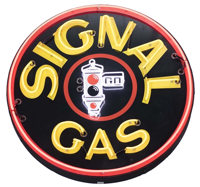 SIGNAL GASOLINE RED STOP LIGHT PORCELAIN SIGN W/ ADDED NEON.