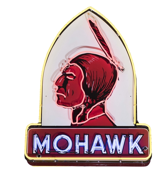 MOHAWK GASOLINE CATHEDRAL DOUBLE SIDED PORCELAIN NEON SIGN.
