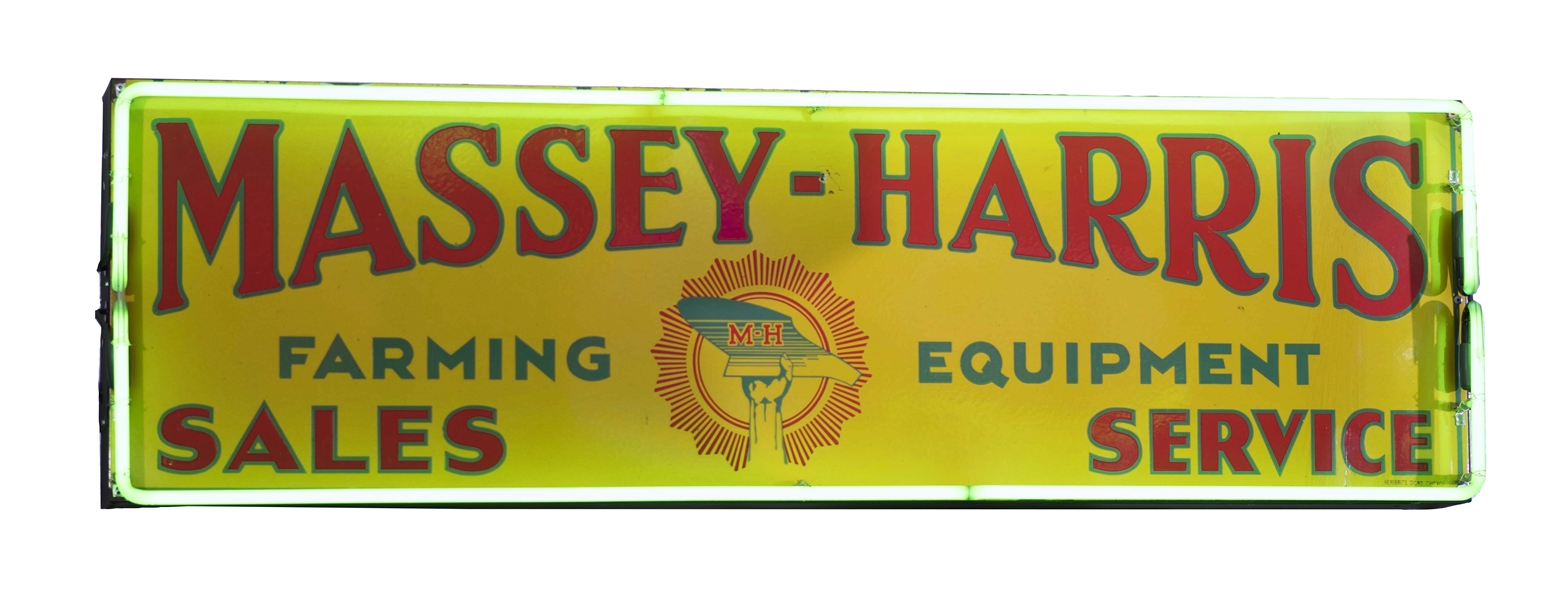 MASSEY HARRIS FARMING EQUIPMENT SALES & SERVICE PORCELAIN SIGN W/ NEON BORDER.