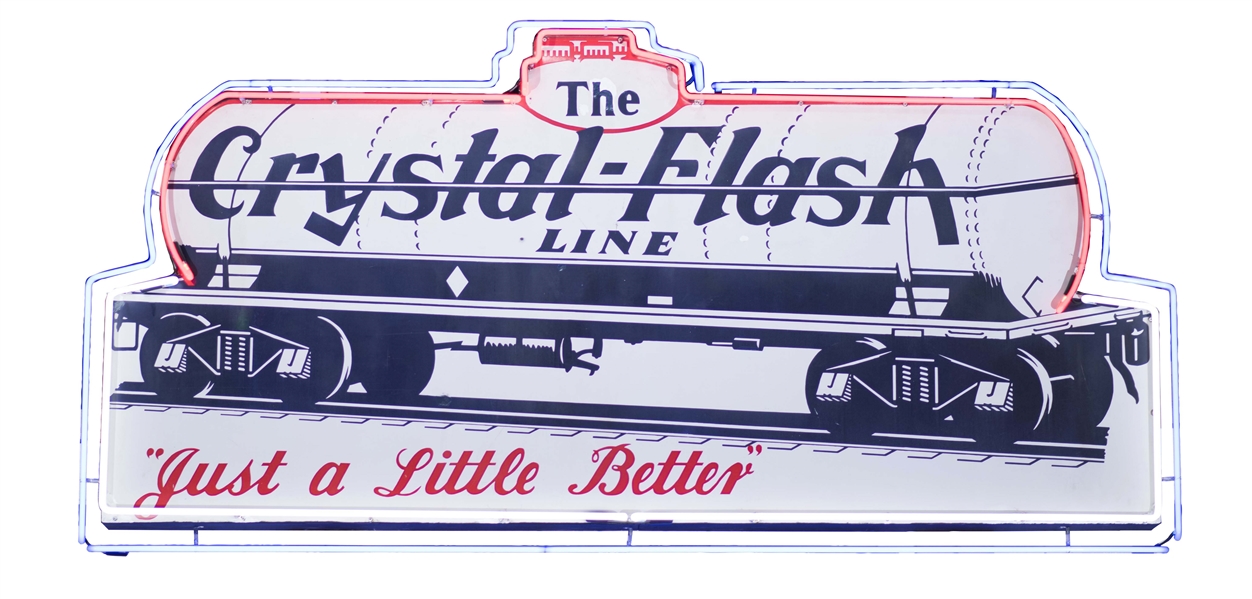 CRYSTAL-FLASH LINE "JUST A LITTLE BETTER" PORCELAIN SIGN W/ ADDED NEON.