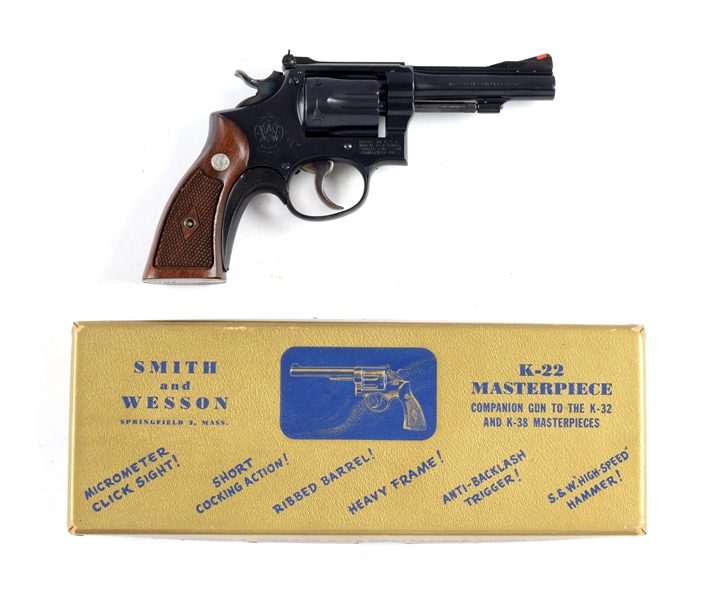 (C) GOLD BOXED SMITH & WESSON PRE MODEL 18 COMBAT MASTERPIECE DOUBLE ACTION REVOLVER.
