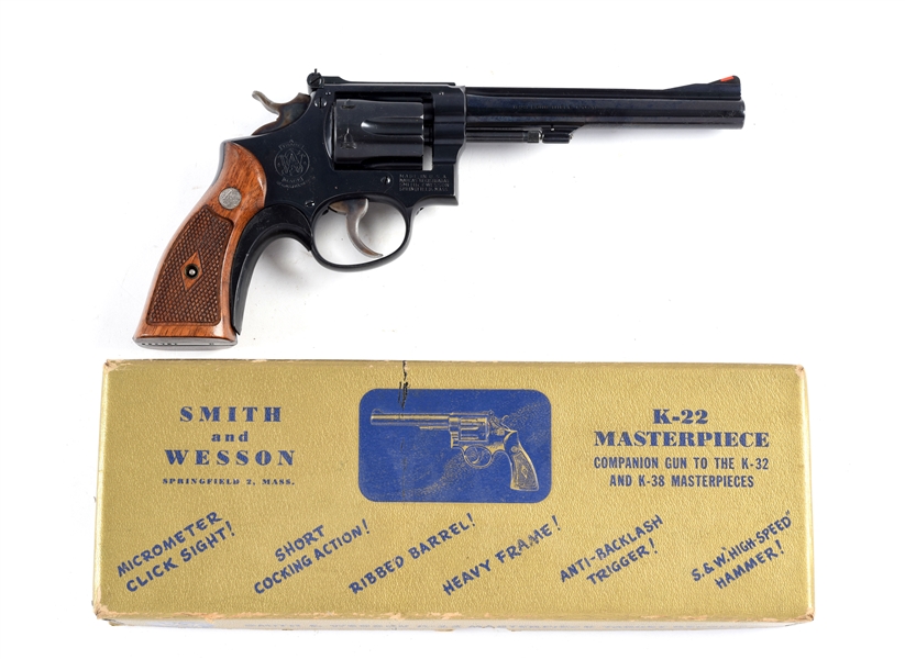 (C) GOLD BOXED SMITH & WESSON K-22 MASTERPIECE DOUBLE ACTION REVOLVER.