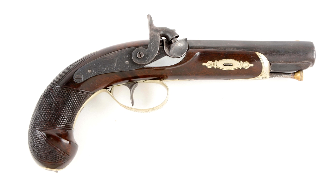 (A) FINE AND LARGE PERCUSSION PHILADELPHIA SILVER MOUNTED DERINGER PISTOL.