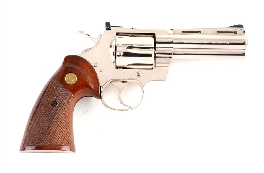 (M) BOXED NICKEL 4" COLT PYTHON DOUBLE ACTION REVOLVER.