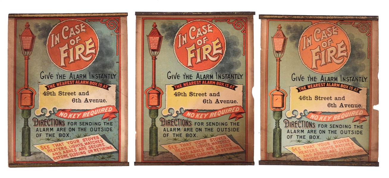 LOT OF 3: EARLY FIRE ALARM LOCATION ADVERTISING SIGNS.