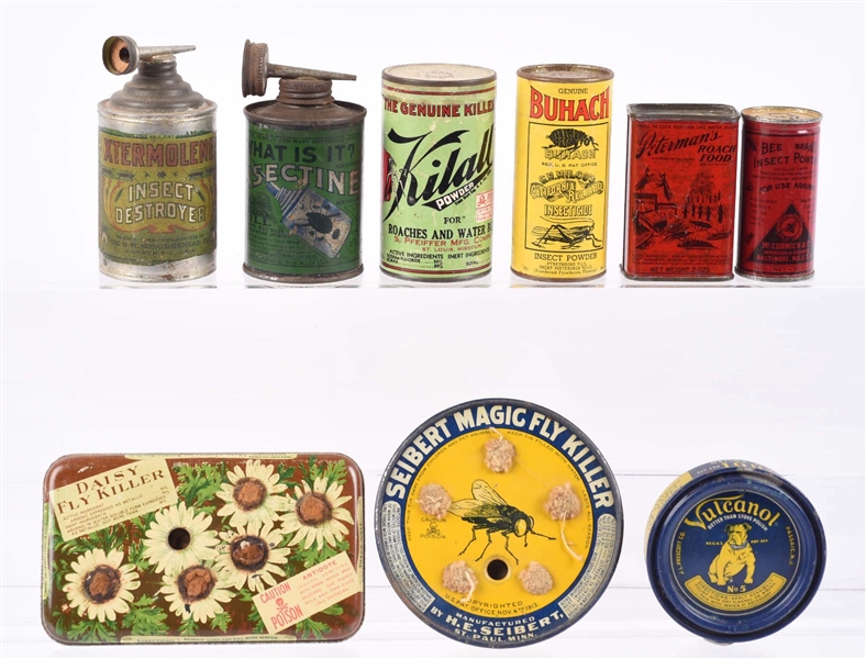 LOT OF 9: EARLY INSECTICIDE TINS. 