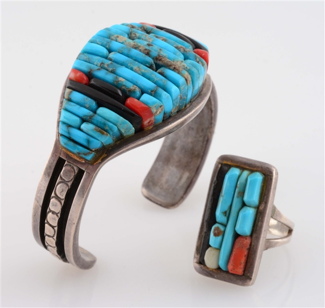 LOT OF 2: NATIVE AMERICAN STERLING SILVER TURQUOISE BANGLE AND RING.