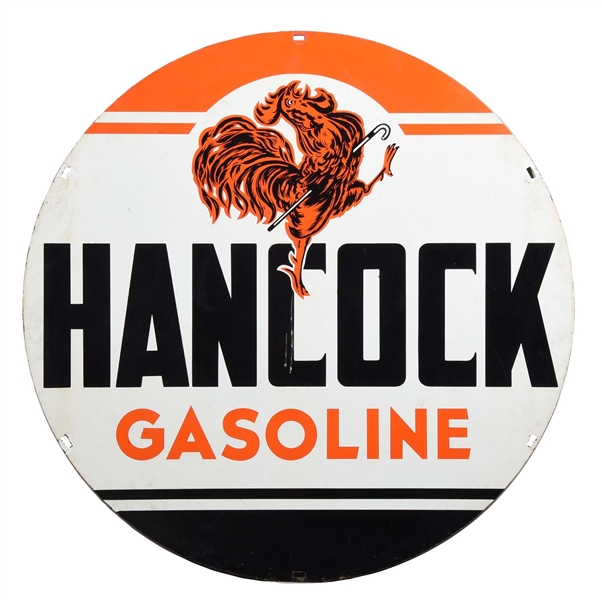 HANCOCK GASOLINE W/ EARLY ROOSTER GRAPHIC PORCELAIN SIGN.