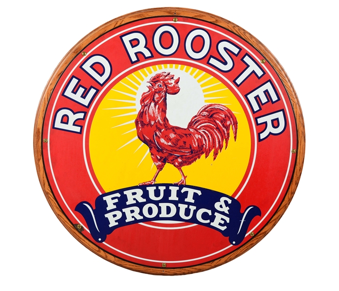 RED ROOSTER FRUIT & PRODUCE PORCELAIN SIGN W/ ROOSTER GRAPHIC.