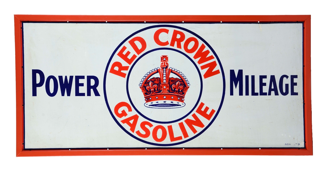 RED CROWN GASOLINE POWER MILEAGE PORCELAIN SIGN W/ CROWN GRAPHIC.