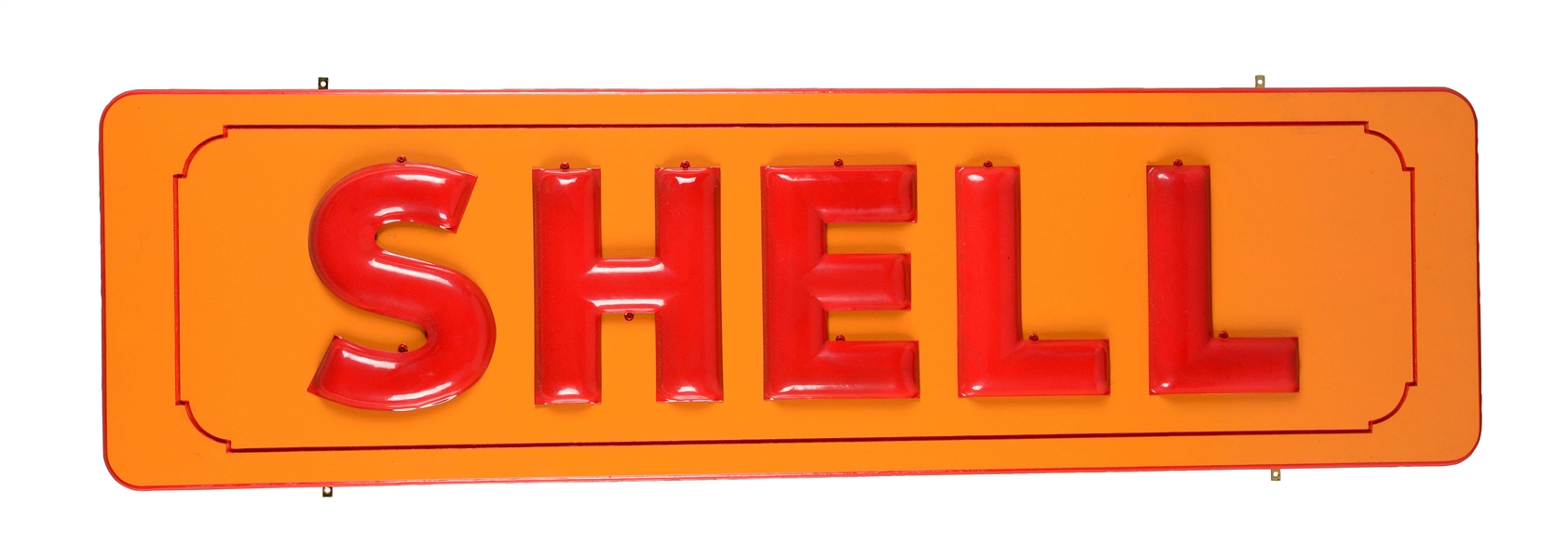 SHELL GASOLINE EMBOSSED PORCELAIN LETTERS MOUNTED ON WOOD.