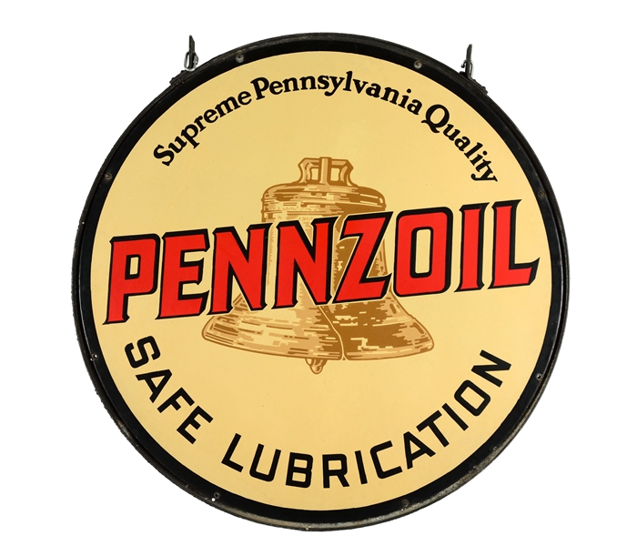 PENNZOIL SAFE LUBRICATION W/ BROWN BELL GRAPHIC PORCELAIN SIGN.