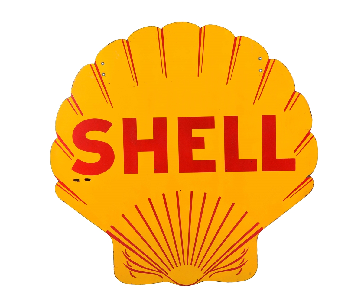 SHELL GASOLINE PORCELAIN CLAM SHAPED SIGN.