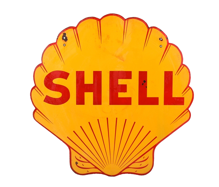 SHELL GASOLINE PORCELAIN CLAM SHAPED SIGN.
