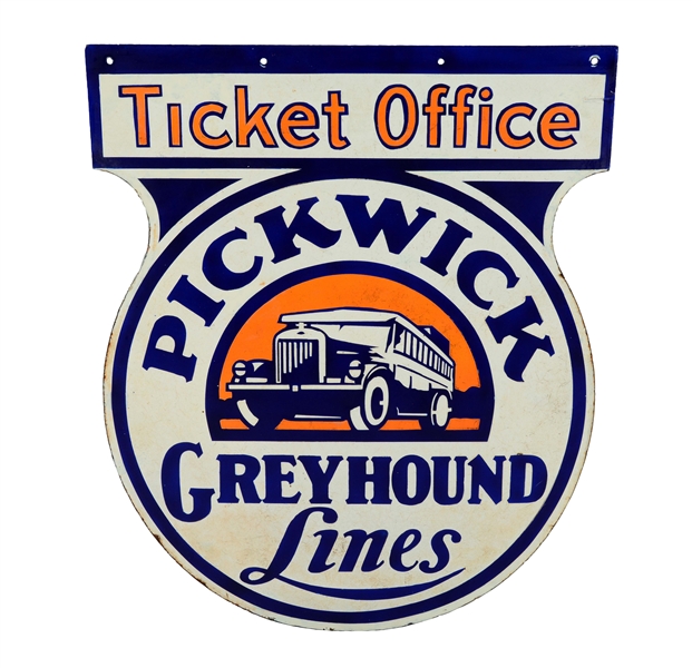 PICKWICK GREYHOUND LINES TICKET OFFICE PORCELAIN KEYHOLE SHAPED SIGN.