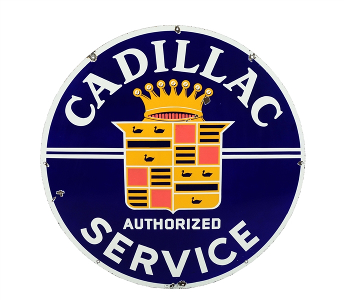 CADILLAC AUTHORIZED SERVICE W/ CREST GRAPHIC PORCELAIN SIGN.