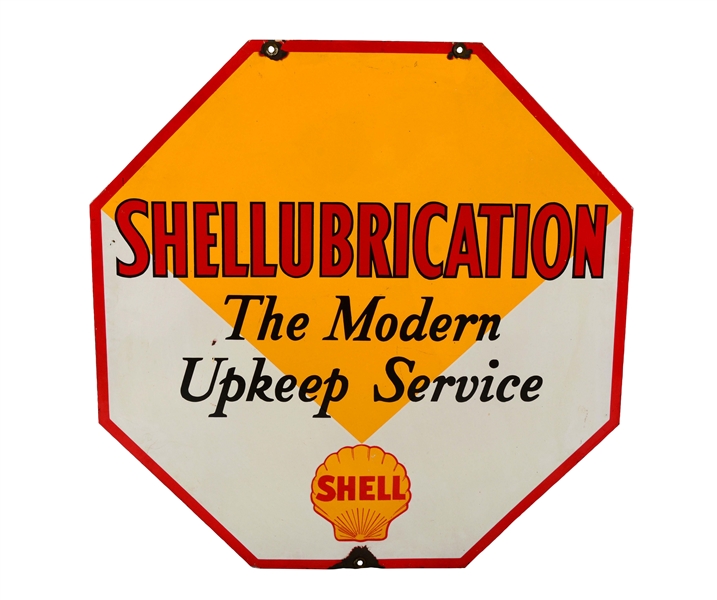 SHELLUBRICATION "THE MODERN UPKEEP SERVICE" OCTAGON SHAPED PORCELAIN SIGN.