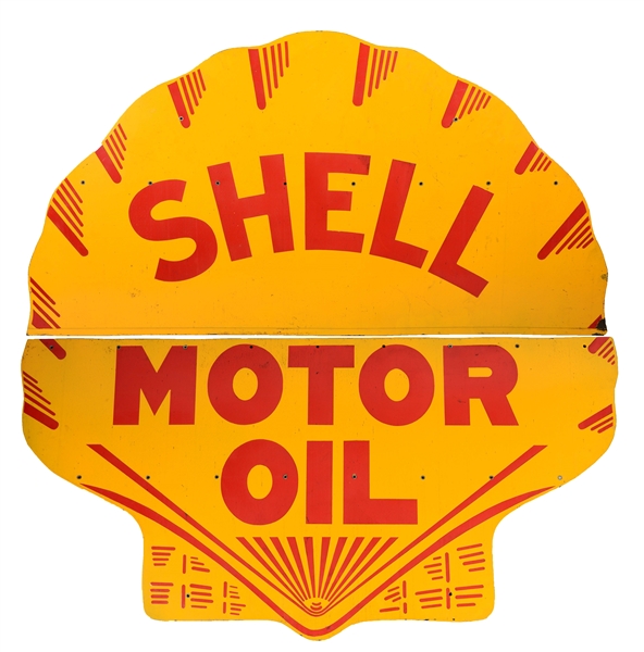 LARGE SHELL MOTOR OIL TWO PIECE PORCELAIN SIGN.