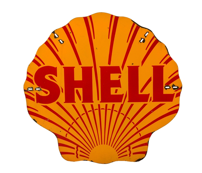 EARLY SHELL GASOLINE CLAMSHELL SHAPED PORCELAIN SIGN.