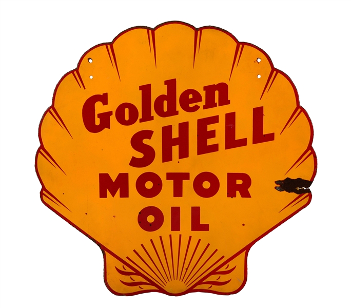 GOLDEN SHELL MOTOR OIL PORCELAIN CLAM SHAPED SIGN.