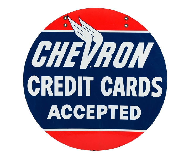 CHEVRON CREDIT CARDS ACCEPTED PORCELAIN SIGN.
