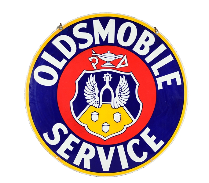OLDSMOBILE SERVICE W/ CREST GRAPHIC PORCELAIN SIGN.