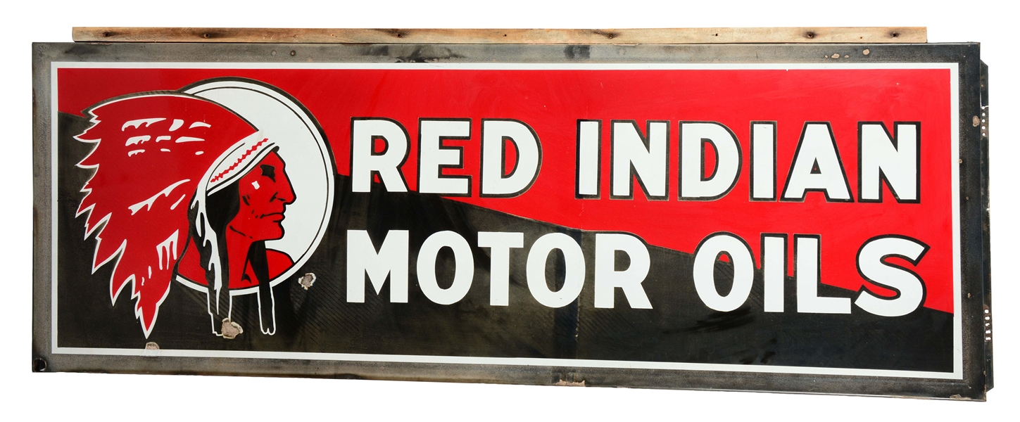 RED INDIAN MOTOR OILS W/ INDIAN GRAPHIC SELF FRAMED PORCELAIN SIGN.