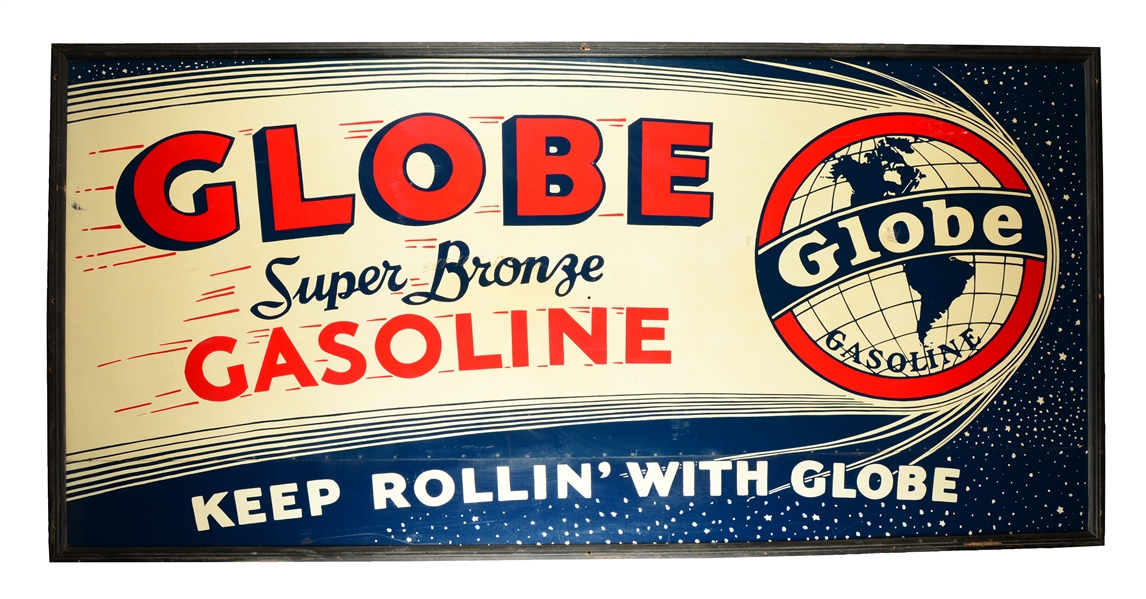 LARGE GLOBE SUPER BRONZE GASOLINE W/ GRAPHIC TIN SIGN.