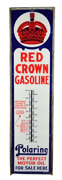 RED CROWN GASOLINE VERTICAL PORCELAIN THERMOMETER.