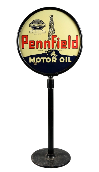 PENNFIELD MOTOR OIL W/ DERRICK GRAPHIC PORCELAIN LOLLIPOP SIGN.