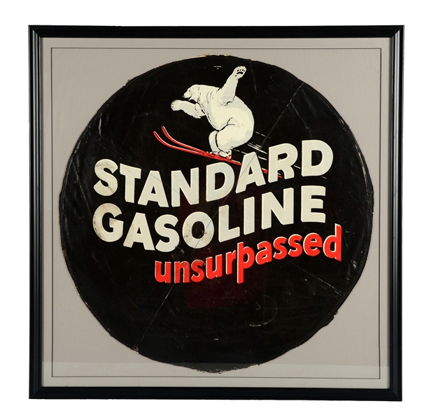 STANDARD GASOLINE UNSURPASSED CANVAS TIRE COVER IN FRAME.