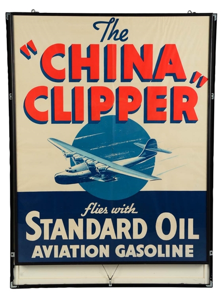 THE CHINA CLIPPER FLIES W/ STANDARD OIL AVIATION GASOLINE PAPER ADVERTISING POSTER.