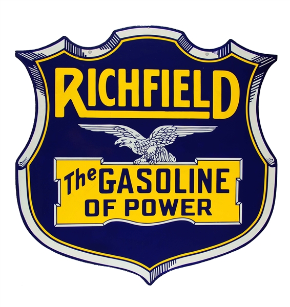 RESTORED RICHFIELD "THE GASOLINE OF POWER" PORCELAIN SHIELD SIGN W/ EAGLE GRAPHIC.