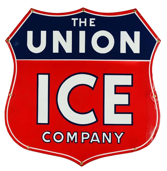 THE UNION ICE COMPANY PORCELAIN SHIELD SHAPED SIGN. 