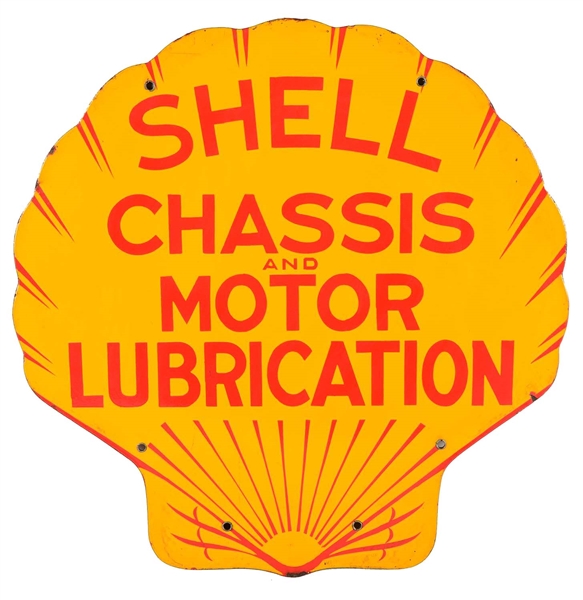 SHELL CHASSIS AND MOTOR LUBRICATION PORCELAIN CURB SIGN.