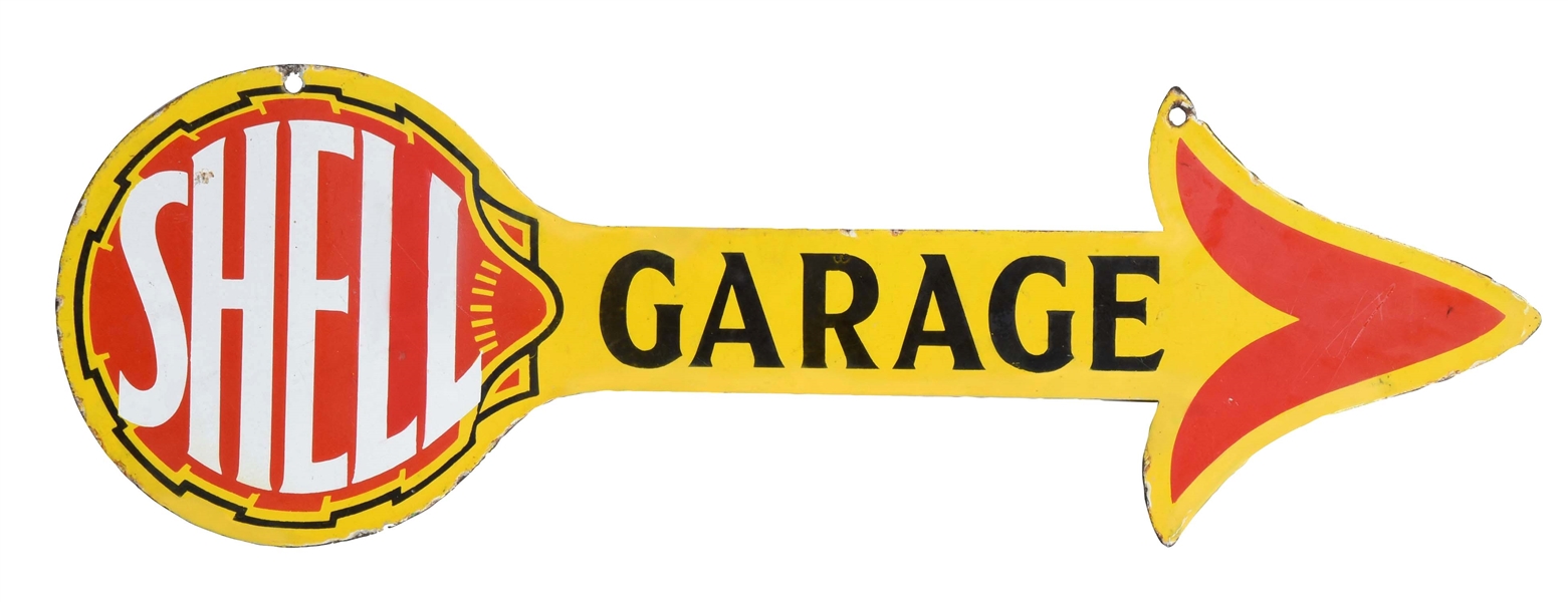 SHELL GASOLINE GARAGE ARROW DIE-CUT PORCELAIN SIGN.