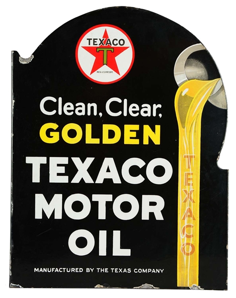 TEXACO MOTOR OIL CLEAN CLEAR GOLDEN PORCELAIN FLANGE SIGN.