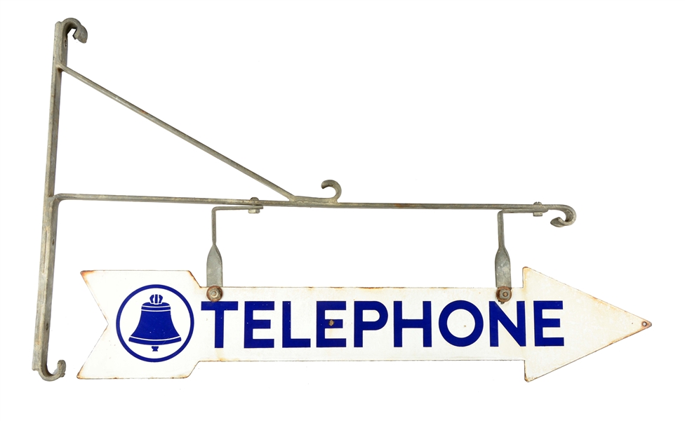 PORCELAIN TELEPHONE ARROW SIGN W/ HANGING METAL BRACKET